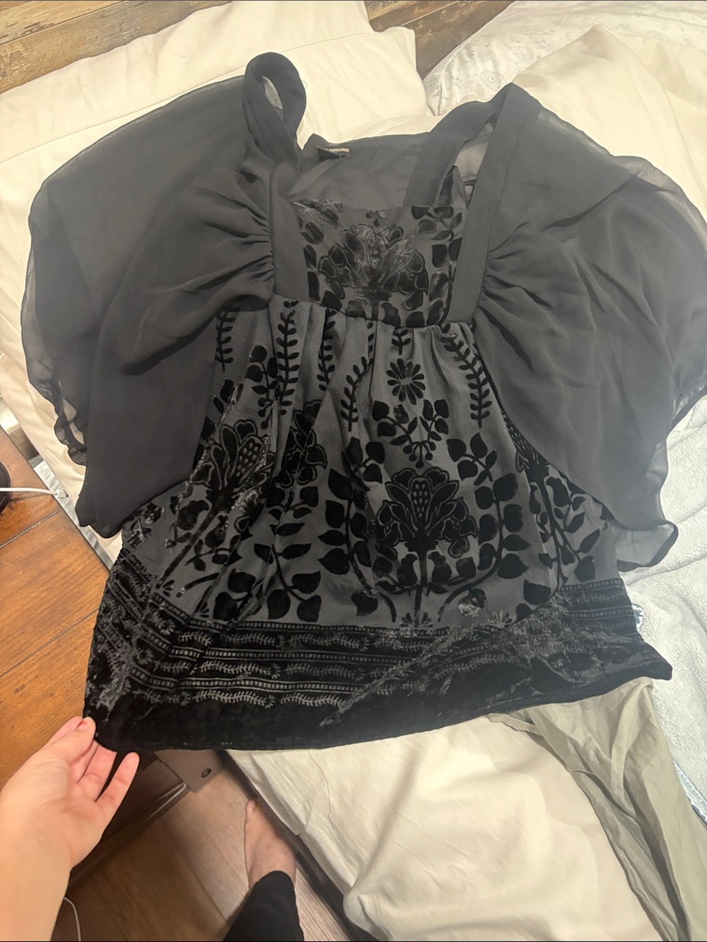 H&M Black Velvet Burnout Floral Sheer-Sleeve Tunic